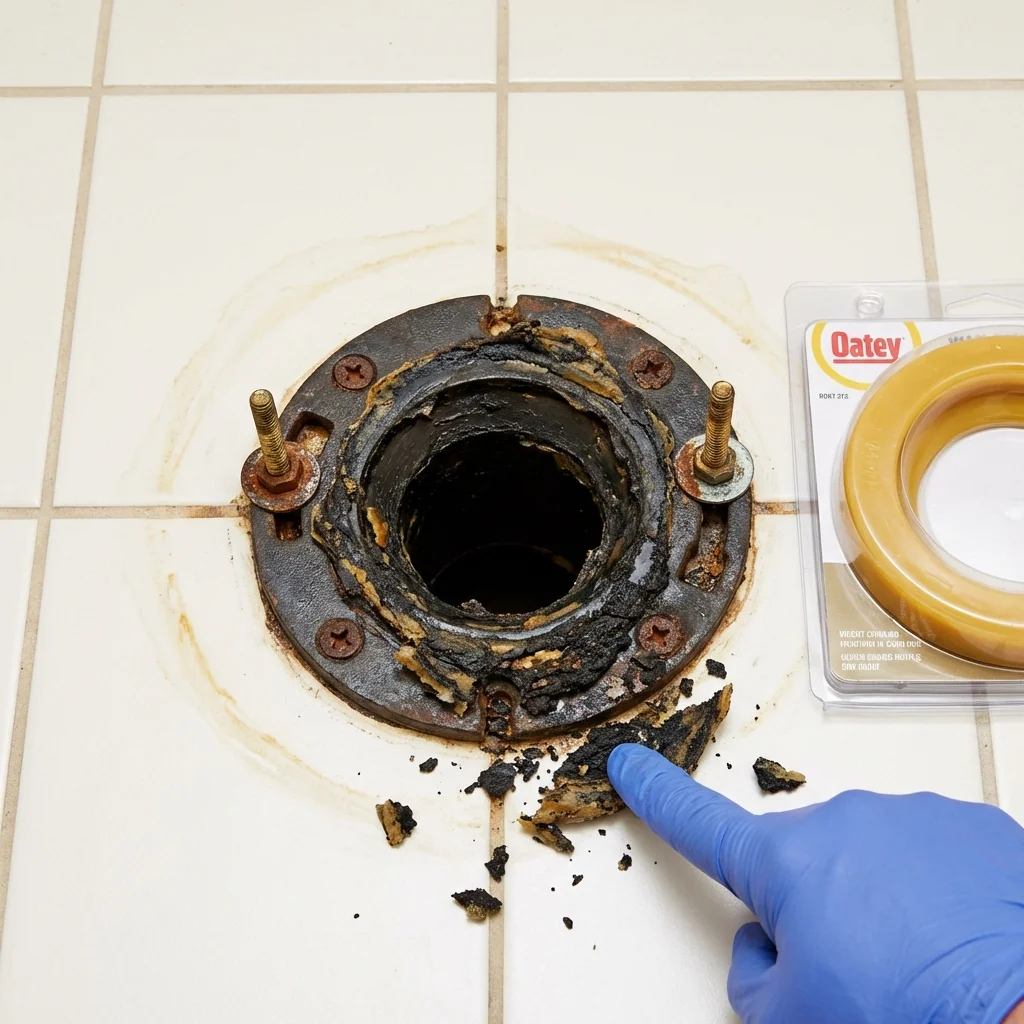 Failed wax ring showing water seepage at the base of a toilet in a Lexington, VA home
