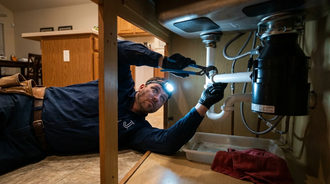 P-trap and supply line connections under a kitchen sink showing a common leak point in Lexington, VA